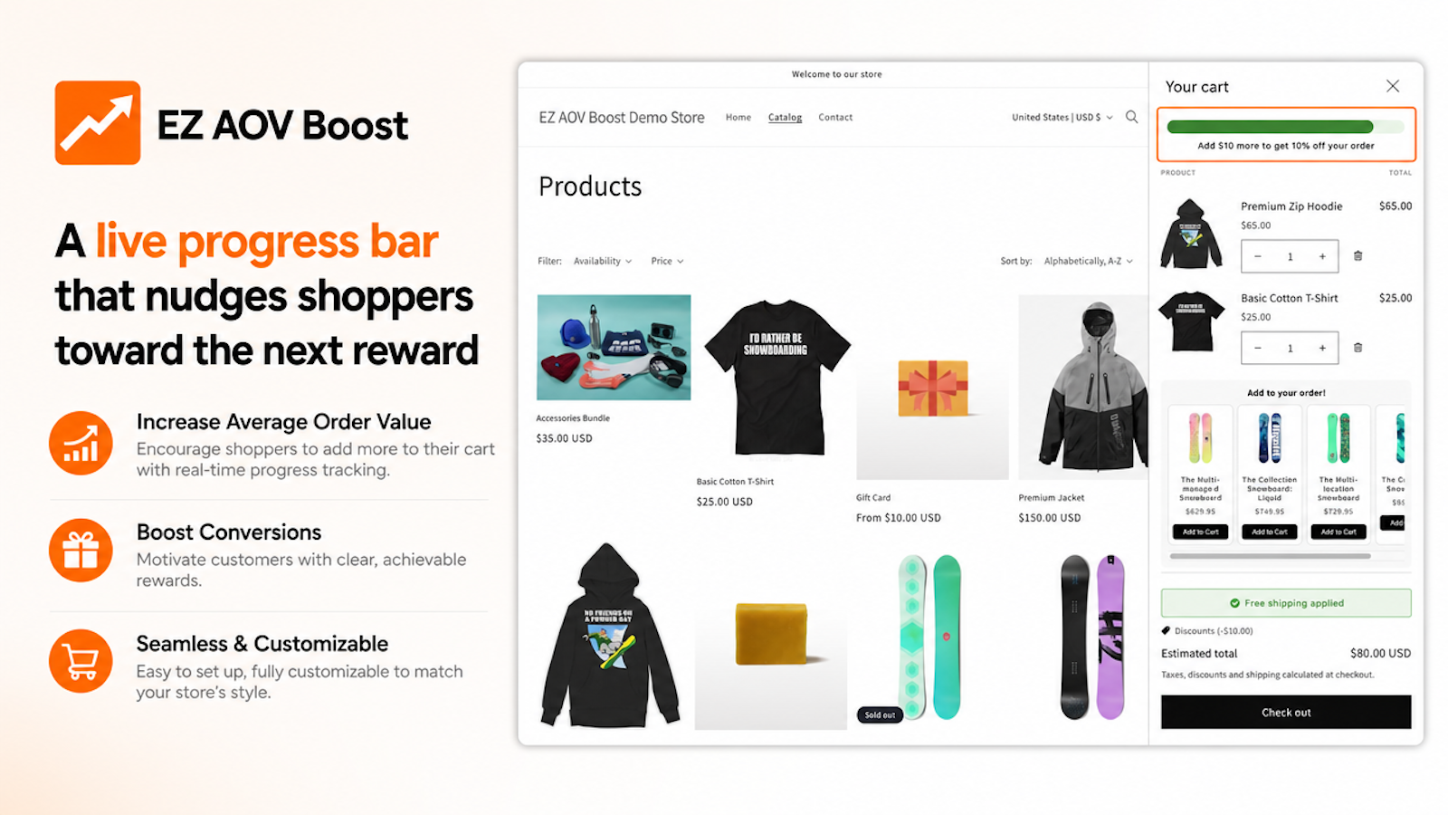 Live progress bar in the cart showing progress toward the next reward tier