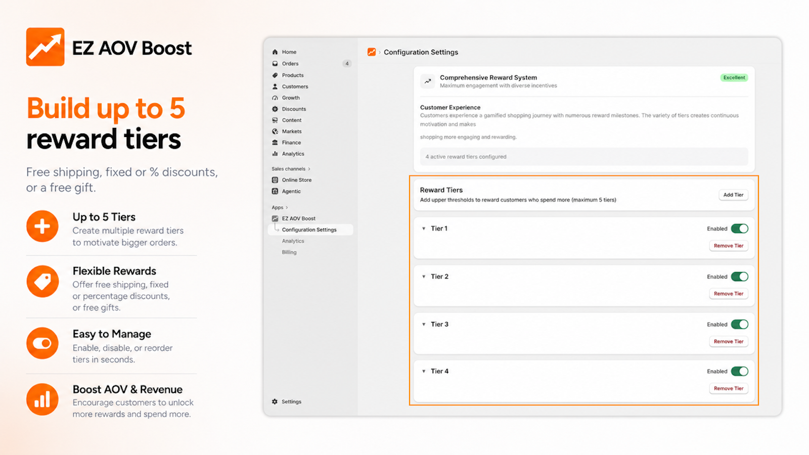 Admin screen configuring reward tiers with discounts, free shipping, free gifts, and store credit